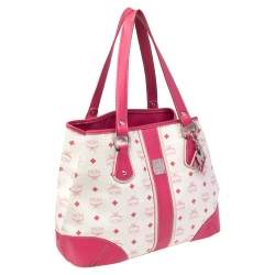 Pre Owned MCM Pink/White Visetos Coated Canvas and Leather Charm Tote
