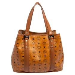 Pre Owned MCM Cognac Visetos Coated Canvas and Leather Shopper Tote