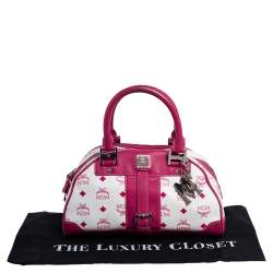 Pre Owned MCM Pink/White Visetos Coated Canvas and Leather Logo Charm Satchel