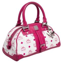 Pre Owned MCM Pink/White Visetos Coated Canvas and Leather Logo Charm Satchel