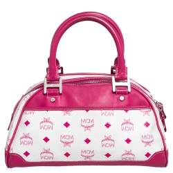 Pre Owned MCM Pink/White Visetos Coated Canvas and Leather Logo Charm Satchel
