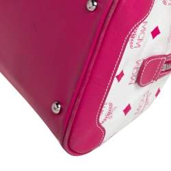 Pre Owned MCM Pink/White Visetos Coated Canvas and Leather Logo Charm Satchel
