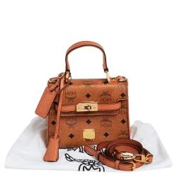 Pre Owned MCM Brown Visetos Coated Canvas and Leather Embellished Mini Heritage Top Handle Bag