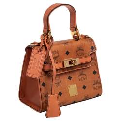 Pre Owned MCM Brown Visetos Coated Canvas and Leather Embellished Mini Heritage Top Handle Bag