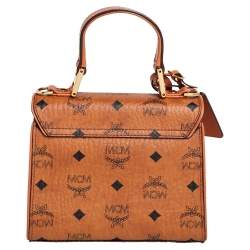 Pre Owned MCM Brown Visetos Coated Canvas and Leather Embellished Mini Heritage Top Handle Bag