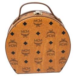 Pre Owned MCM Cognac Visetos Coated Canvas and Leather Berlin Round Bag