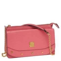 Pre Owned MCM Pink Leather Studded Flap Shoulder Bag