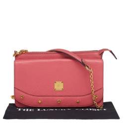 Pre Owned MCM Pink Leather Studded Flap Shoulder Bag
