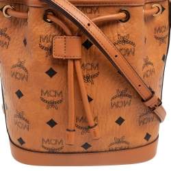 Pre Owned MCM Cognac Visetos Coated Canvas Heritage Drawstring Bucket Bag