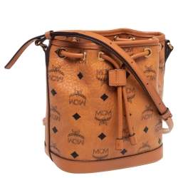 Pre Owned MCM Cognac Visetos Coated Canvas Heritage Drawstring Bucket Bag