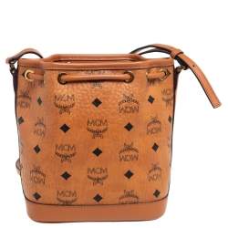 Pre Owned MCM Cognac Visetos Coated Canvas Heritage Drawstring Bucket Bag