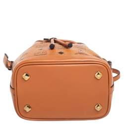 Pre Owned MCM Cognac Visetos Coated Canvas Heritage Drawstring Bucket Bag