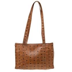 Pre Owned MCM Cognac Coated Canvas Visetos Heritage Top Zip Shopper Tote