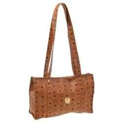 Pre Owned MCM Cognac Coated Canvas Visetos Heritage Top Zip Shopper Tote