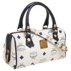 Pre Owned MCM White/Blue Visetos Leather Mini Heritage Crossbody Bag