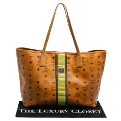 Pre Owned MCM Tan Visetos Coated Canvas And Croc Embossed Liz Tote