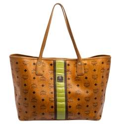 Pre Owned MCM Tan Visetos Coated Canvas And Croc Embossed Liz Tote
