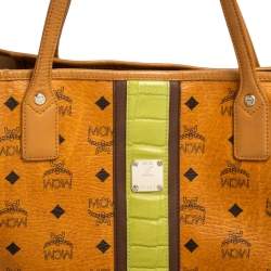 Pre Owned MCM Tan Visetos Coated Canvas And Croc Embossed Liz Tote