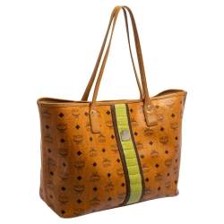 Pre Owned MCM Tan Visetos Coated Canvas And Croc Embossed Liz Tote