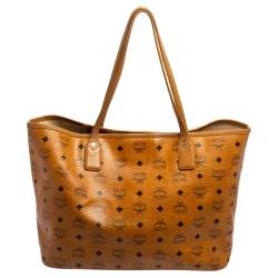 Pre Owned MCM Tan Visetos Coated Canvas And Croc Embossed Liz Tote