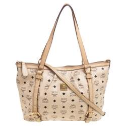 Pre Owned MCM Cream/Beige Visetos Coated Canvas and Leather Shopper Tote
