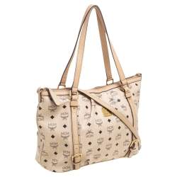 Pre Owned MCM Cream/Beige Visetos Coated Canvas and Leather Shopper Tote