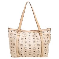 Pre Owned MCM Cream/Beige Visetos Coated Canvas and Leather Shopper Tote