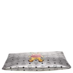 MCM Metallic Silver Rabbit Print Coated Canvas Flat Pouch