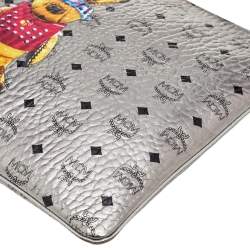 MCM Metallic Silver Rabbit Print Coated Canvas Flat Pouch
