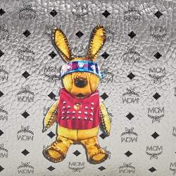 MCM Metallic Silver Rabbit Print Coated Canvas Flat Pouch