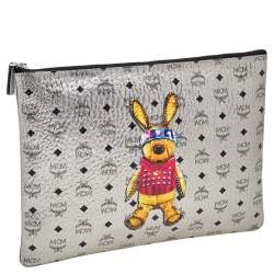 MCM Metallic Silver Rabbit Print Coated Canvas Flat Pouch