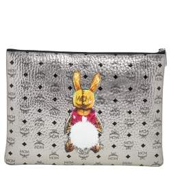 MCM Metallic Silver Rabbit Print Coated Canvas Flat Pouch
