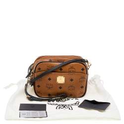 Pre Owned MCM Tan Visetos Coated Canvas And Leather Double Zip Camera Crossbody Bag