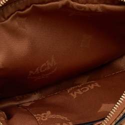 Pre Owned MCM Tan Visetos Coated Canvas And Leather Double Zip Camera Crossbody Bag