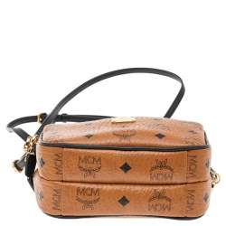 Pre Owned MCM Tan Visetos Coated Canvas And Leather Double Zip Camera Crossbody Bag