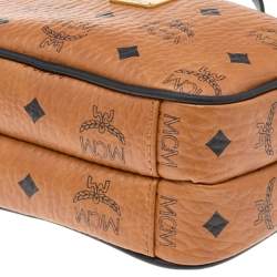 Pre Owned MCM Tan Visetos Coated Canvas And Leather Double Zip Camera Crossbody Bag