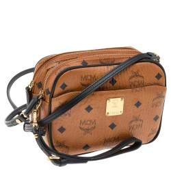Pre Owned MCM Tan Visetos Coated Canvas And Leather Double Zip Camera Crossbody Bag
