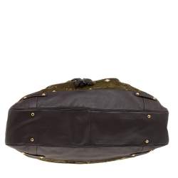 Pre Owned MCM Brown Visetos Velvet And Leather Drawstring Shoulder Bag