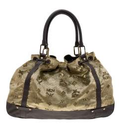 Pre Owned MCM Brown Visetos Velvet And Leather Drawstring Shoulder Bag