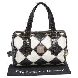 Pre Owned MCM Black & White Diamond Pattern Leather Enamel Satchel