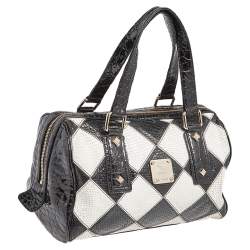 Pre Owned MCM Black & White Diamond Pattern Leather Enamel Satchel
