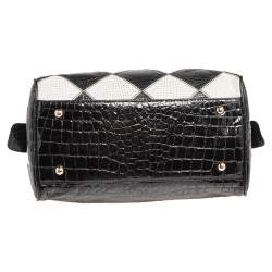 Pre Owned MCM Black & White Diamond Pattern Leather Enamel Satchel