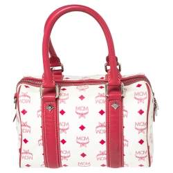 MCM White/Pink Visetos Leather Boston Bag