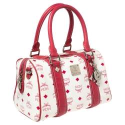 MCM White/Pink Visetos Leather Boston Bag