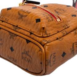 MCM Cognac Visetos Coated Canvas and Leather Backpack Wristlet Pouch 