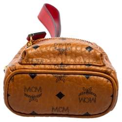MCM Cognac Visetos Coated Canvas and Leather Backpack Wristlet Pouch 