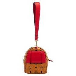 MCM Cognac Visetos Coated Canvas and Leather Backpack Wristlet Pouch 