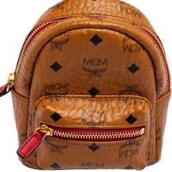 MCM Cognac Visetos Coated Canvas and Leather Backpack Wristlet Pouch 