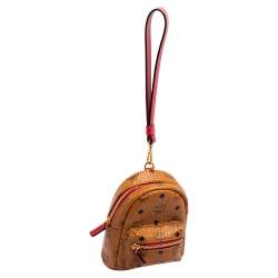 MCM Cognac Visetos Coated Canvas and Leather Backpack Wristlet Pouch 