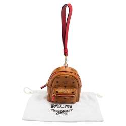 MCM Cognac Visetos Coated Canvas and Leather Backpack Wristlet Pouch 